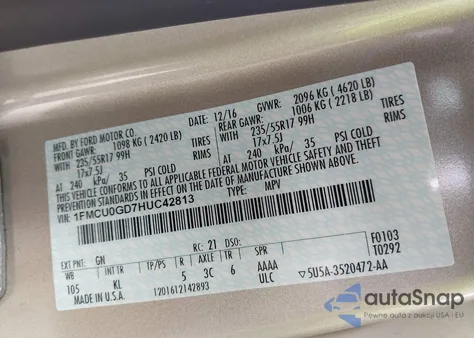 2017 Ford Escape Se из США, поврежденный, VIN 1FMCU0GD7HUC42813